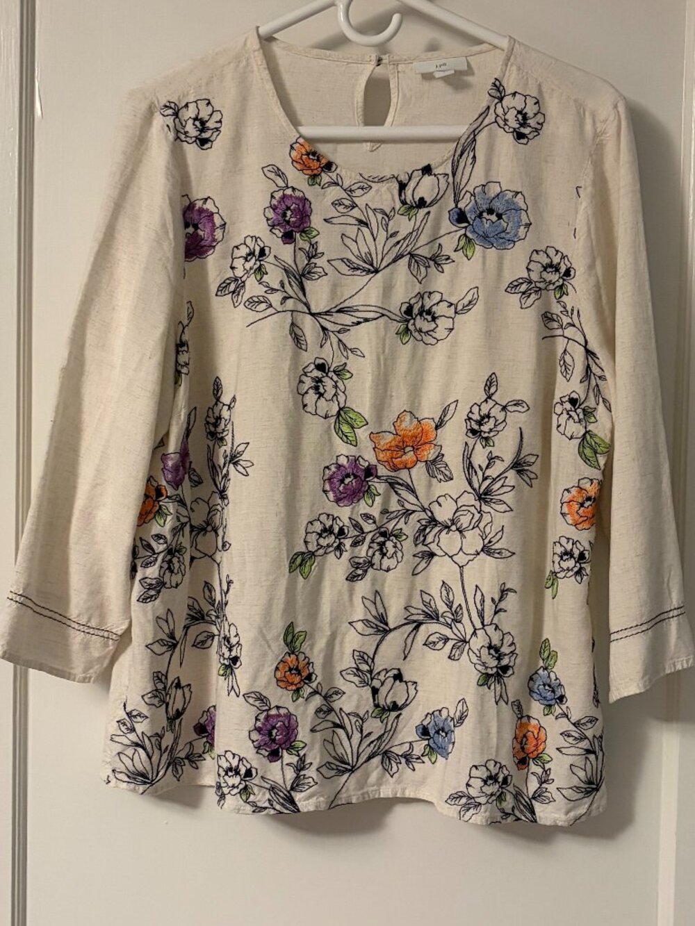 J Jill botanial garden blouse floral embroidered linen blend 3/4 sleeve sz large